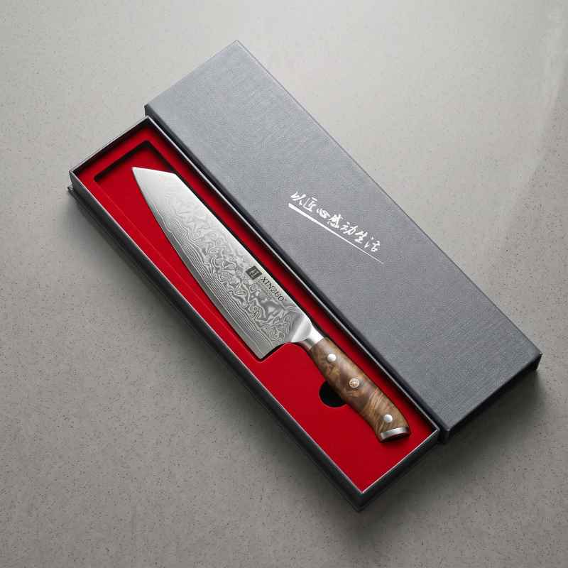 Faca aço damasco Bunka 20 cm XINZUO em estojo preto com interior vermelho