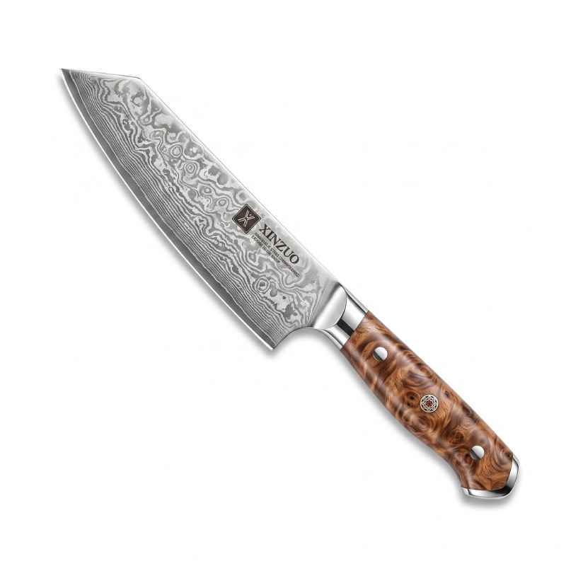Faca aço damasco Bunka 20 cm XINZUO com cabo de madeira em fundo branco
